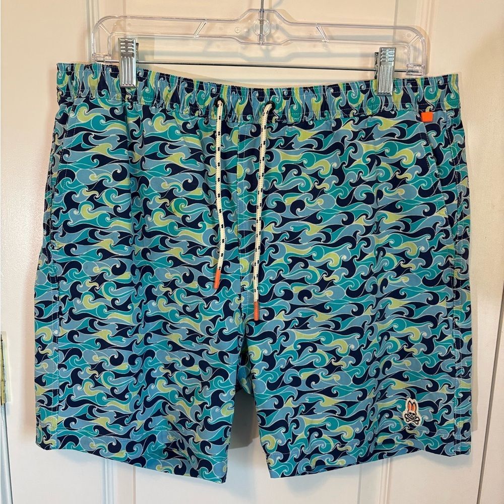 Psycho Bunny Wave Print Swim Trunks Blue Green Men’s Large